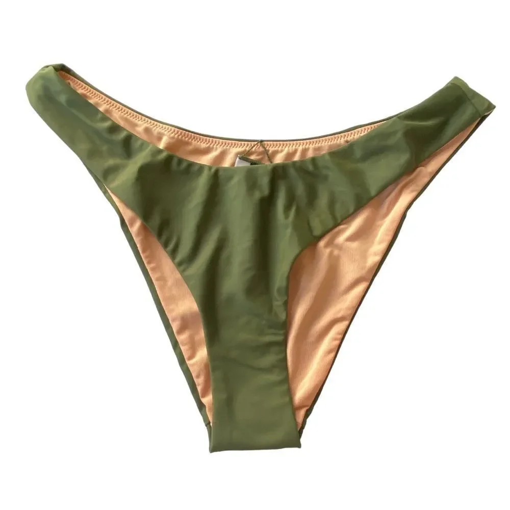 J Crew Safari Green Curved Waist Cheeky Bikini Bottom NWT